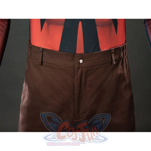 Darth Maul cosplay pants waist detail sets brown fabric below the red bodysuit and front button.