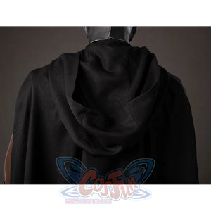 Darth Maul cosplay cloak hood detail gathers black fabric across the back of the shoulders.