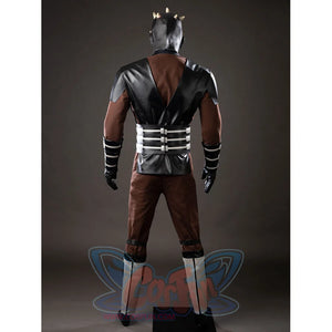 Darth Maul cosplay costume back view stacks black shoulder panels over a silver waist sash and brown pants.