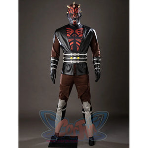 Darth Maul cosplay costume front view sets a black vest and waist sash over red chest armor.
