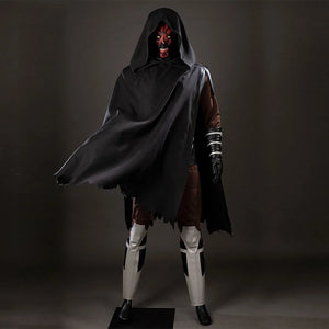 COSFUN Darth Maul cosplay costume layers a black hooded cloak over armor, brown pants, and white leg guards.