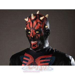Darth Maul cosplay latex headpiece close-up sharpens red face markings, small horns, and yellow eyes.