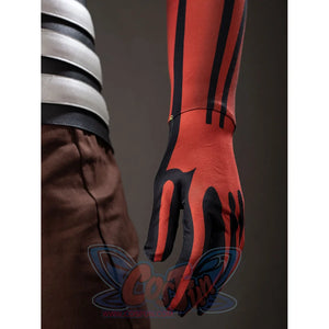 Darth Maul cosplay glove detail tapers red fabric over the hand beside black trim and brown pants.