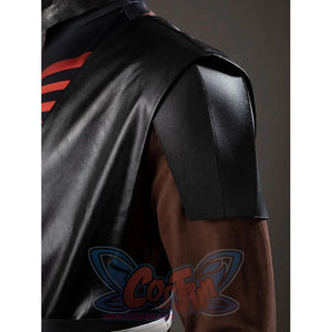 Darth Maul cosplay shoulder armor detail layers black glossy panels against brown sleeve fabric.