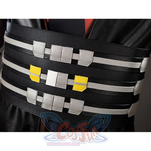 Darth Maul cosplay waist sash close-up stacks silver blocks over black straps and glossy vest fabric.