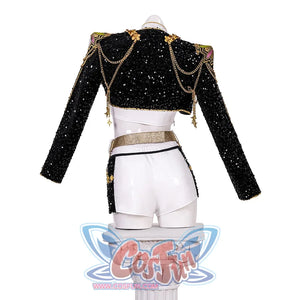 KPop Demon Hunters Rumi Cosplay Costume GOLDEN HUNTR/X black sequin short coat with gold 3d shoulders, star ornaments, and chains, paired with white shorts
