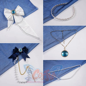 Denia cosplay costume centers white and navy bows with blue gemstone centers and pearl-like accents-like accents chains for.