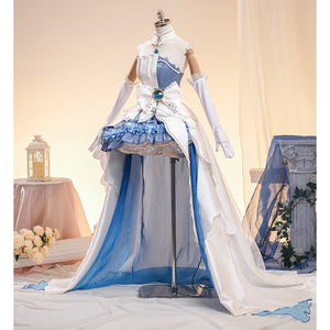 Denia cosplay costume gathers glossy satin layers and a large waist bow to form an elegant blue and white formal gown.