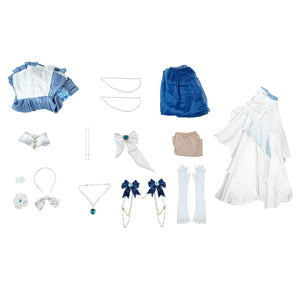 Denia cosplay costume centers full set of blue and white cosplay components including dress satin bows pearl-like.