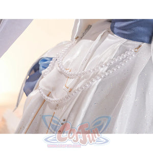 Denia cosplay costume centers pearl-like accents-like accents waist chains drape over glossy satin and glitter mesh fabric.