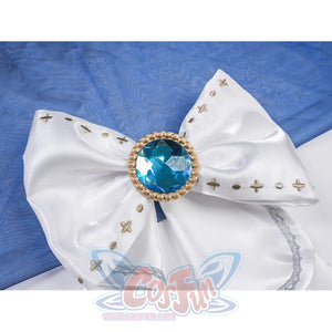 Denia cosplay costume centers white waist bow with gold-tone embroidery and a large central blue gemstone.
