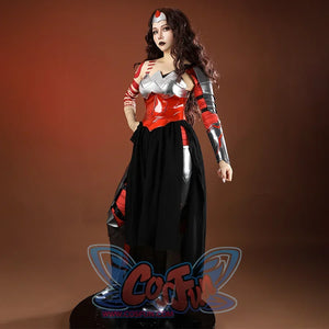 Diana Prince cosplay costume front view sets silver shoulder armor and a glossy red bodice above black boots