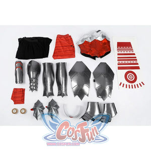 Diana Prince cosplay costume flat lay gathers armor pieces beside red panels and temporary tattoos