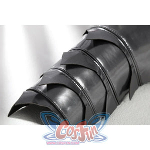 Diana Prince cosplay lower leg armor close-up stacks dark silver plates above black trim