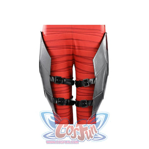 Diana Prince cosplay thigh armor back detail secures gray side plates with black strap bands