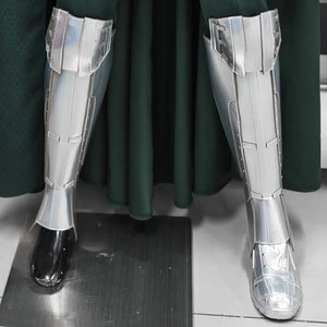 COSFUN Doctor Doom cosplay shoes anchor the lower leg in structural matte silver-tone faux leather panels with buckles.