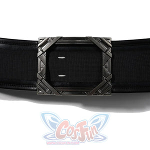 Doctor Doom cosplay belt flat lay with a wide black band and angular silver-tone buckle.