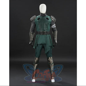 Doctor Doom cosplay tunic front view with shoulder armor above split green panels and silver-tone guards.