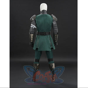 Doctor Doom cosplay tunic rear view with a wide belt and layered green back panels.
