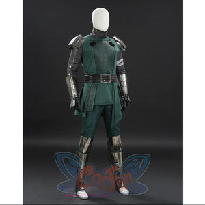 Doctor Doom cosplay tunic right-angled view with silver-tone forearm and shin guards.
