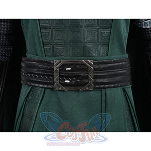 Doctor Doom cosplay belt detail with layered black bands and an angular silver-tone buckle.