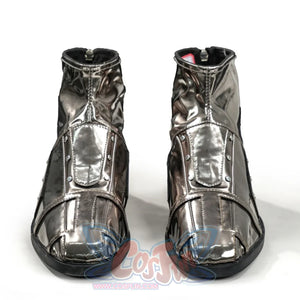 Doctor Doom cosplay boots front view with silver-gray panels and segmented toes.