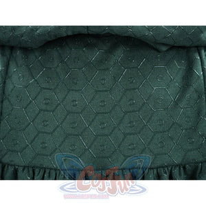 Doctor Doom cosplay cape back detail with a repeating geometric pattern above a gathered seam.