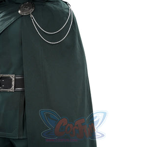 Doctor Doom cosplay cape detail with silver-tone chains draped above the wide black belt.