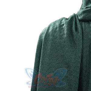 Doctor Doom cosplay cape side detail with a subtle geometric texture across the green fabric.