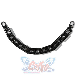 Doctor Doom cosplay chain flat lay with dark rectangular links and end clips.
