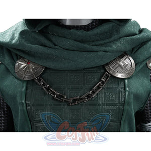 Doctor Doom cosplay chest detail with embossed green panels and a dark chain between round ornaments.