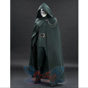 Doctor Doom cosplay costume left-angled view with a long green cape and silver-tone chains.