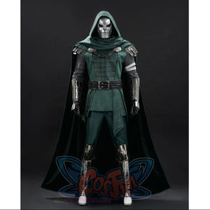 Doctor Doom cosplay costume full-length view with a green cape over a belted tunic and silver-tone leg armor.