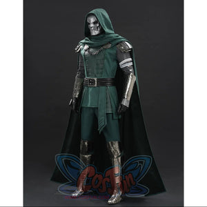 Doctor Doom cosplay costume right-angled view with a belted green tunic and silver-tone guards.