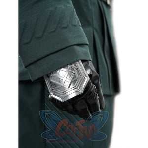 Doctor Doom cosplay glove detail with a geometric silver-tone wrist plate.
