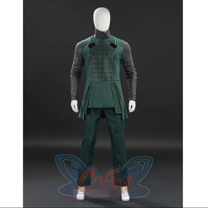 Doctor Doom cosplay green tunic front view with embossed chest panels and a split hem.