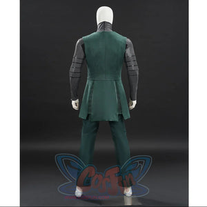 Doctor Doom cosplay green tunic rear view with fitted seams and long side panels.