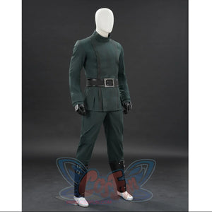 Doctor Doom cosplay tunic right-angled view with fitted sleeves and black leg covers.