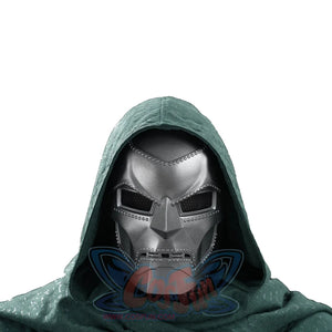 Doctor Doom cosplay hood close-up with textured green fabric around a silver-tone mask.
