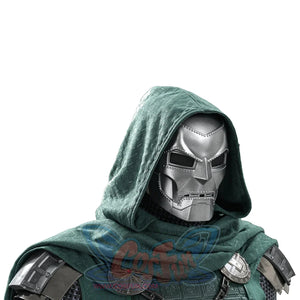 Doctor Doom cosplay hooded upper-body view with green layers and silver-tone shoulder armor.