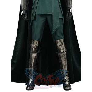 Doctor Doom cosplay leg armor front view with tall silver-tone guards beneath the green tunic.