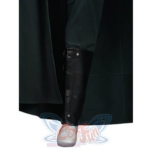 Doctor Doom cosplay leg cover front view with dark layered straps beneath green pants.