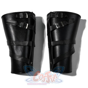 Doctor Doom cosplay leg covers flat lay with layered black straps and shaped tops.