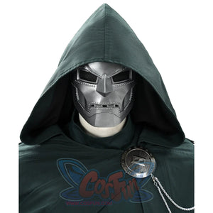 Doctor Doom cosplay hood close-up with deep green fabric around a silver-tone mask.
