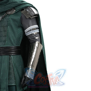 Doctor Doom cosplay side armor view with a silver-tone forearm guard beside the green tunic.