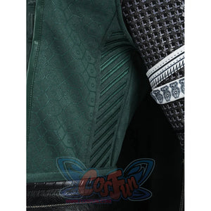 Doctor Doom cosplay tunic side panel with diagonal raised trim beside a textured sleeve.