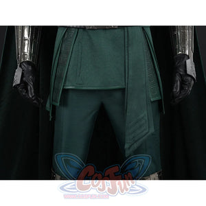 Doctor Doom cosplay green tunic split hem with long patterned front panels over matching pants.