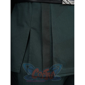 Doctor Doom cosplay tunic split panel with dark edging over matching green pants.