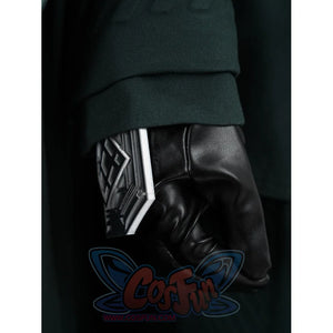 Doctor Doom cosplay wrist armor detail with an angular silver-tone plate over a black glove.
