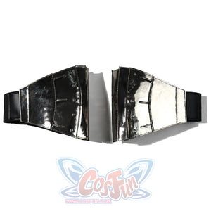 Doctor Doom cosplay wrist armor flat lay with mirrored silver-tone panels and black straps.